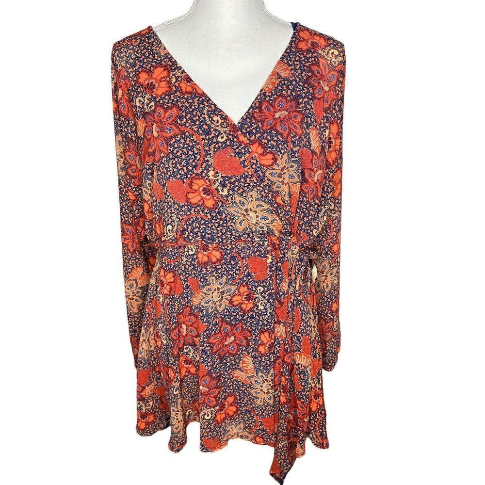 Free People Teegan Mini Dress Floral Print Orange Red Oversized Sz S NEW!